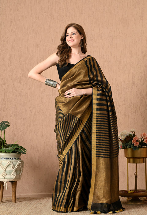 Handwoven Pure Linen Saree with Copper Zari/Tissue Stripe - Black