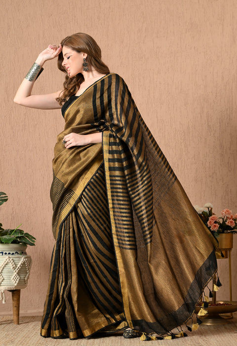 Handwoven Pure Linen Saree with Copper Zari/Tissue Stripe - Black