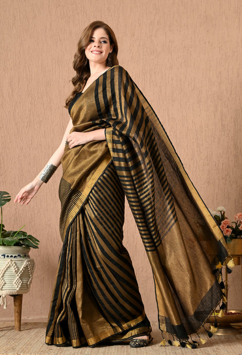 Handwoven Pure Linen Saree with Copper Zari/Tissue Stripe - Black