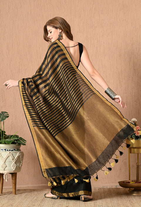 Handwoven Pure Linen Saree with Copper Zari/Tissue Stripe - Black