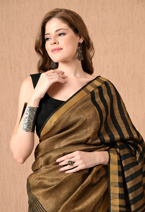 Handwoven Pure Linen Saree with Copper Zari/Tissue Stripe - Black