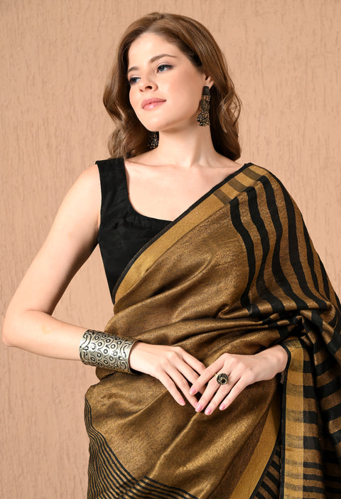 Handwoven Pure Linen Saree with Copper Zari/Tissue Stripe - Black