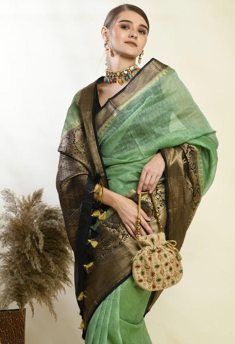 Banarasi Green Weaving Silk by Linen Dual Dyed Saree