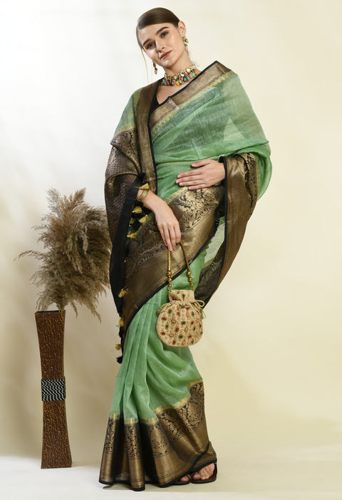 Banarasi Green Weaving Silk by Linen Dual Dyed Saree