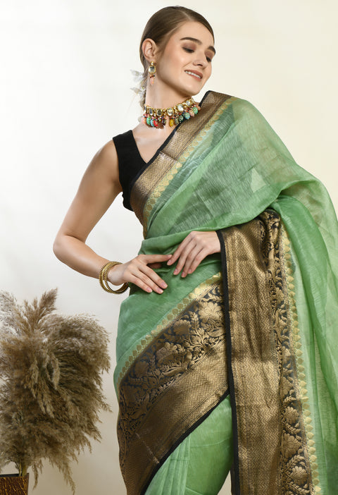 Banarasi Green Weaving Silk by Linen Dual Dyed Saree