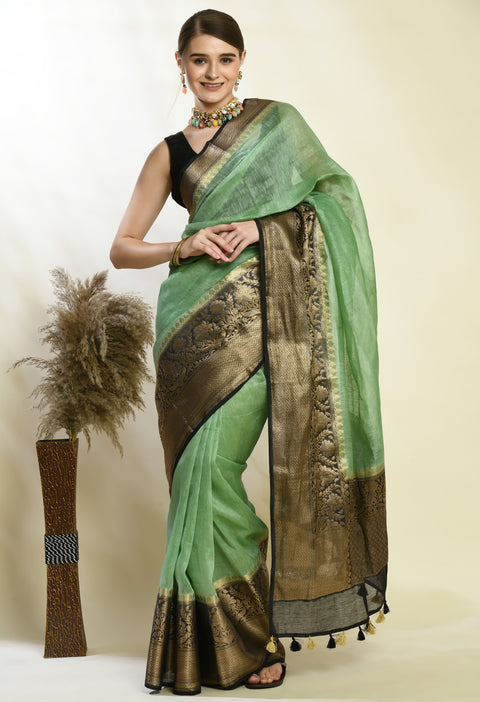 Banarasi Green Weaving Silk by Linen Dual Dyed Saree