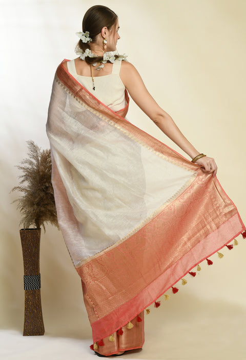 Banarasi White Weaving Silk by Linen Dual Dyed Saree