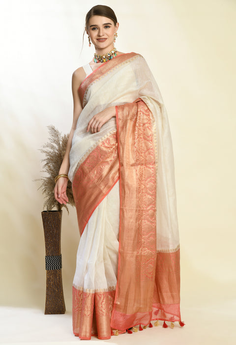 Banarasi White Weaving Silk by Linen Dual Dyed Saree