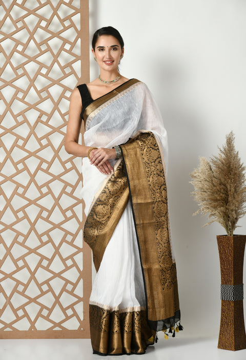 Banarasi White Weaving Silk by Linen Dual Dyed Saree Black Border