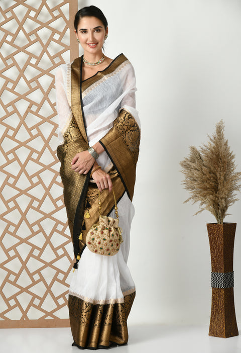 Banarasi White Weaving Silk by Linen Dual Dyed Saree Black Border