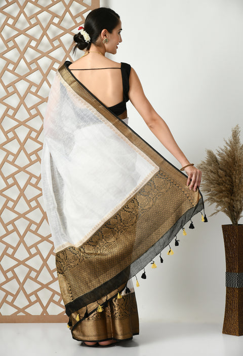 Banarasi White Weaving Silk by Linen Dual Dyed Saree Black Border