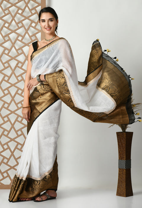 Banarasi White Weaving Silk by Linen Dual Dyed Saree Black Border