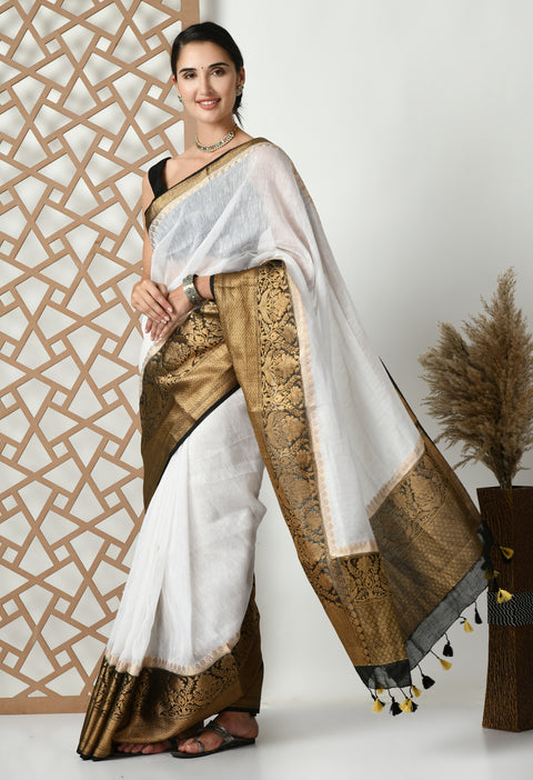 Banarasi White Weaving Silk by Linen Dual Dyed Saree Black Border