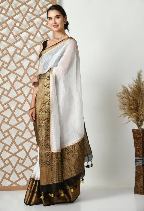 Banarasi White Weaving Silk by Linen Dual Dyed Saree Black Border