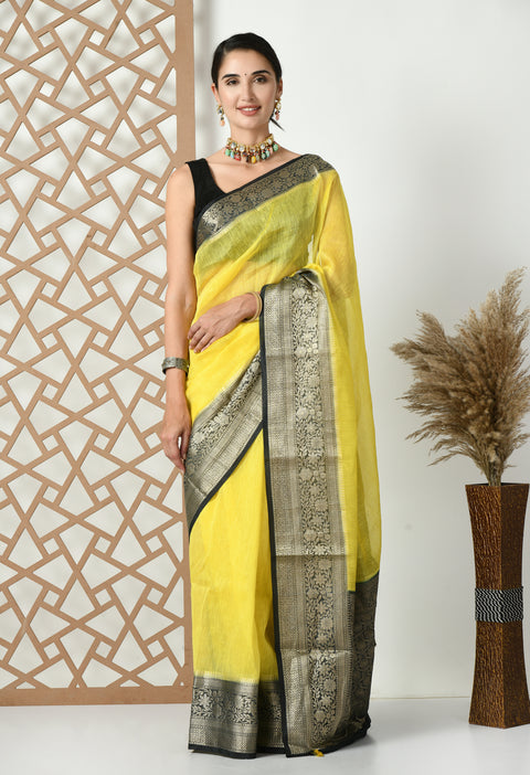 Banarasi Yellow Weaving Silk by Linen Dual Dyed Saree