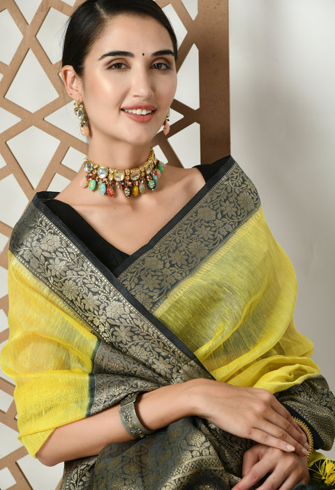 Banarasi Yellow Weaving Silk by Linen Dual Dyed Saree