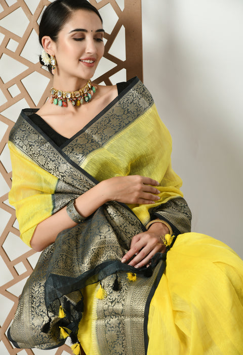 Banarasi Yellow Weaving Silk by Linen Dual Dyed Saree