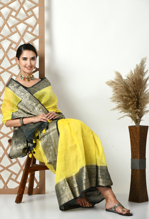 Banarasi Yellow Weaving Silk by Linen Dual Dyed Saree
