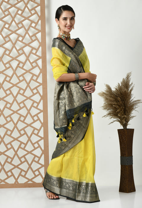 Banarasi Yellow Weaving Silk by Linen Dual Dyed Saree