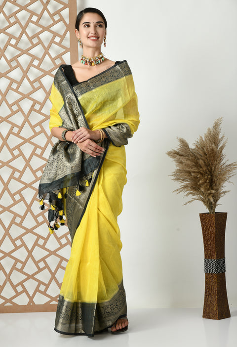 Banarasi Yellow Weaving Silk by Linen Dual Dyed Saree