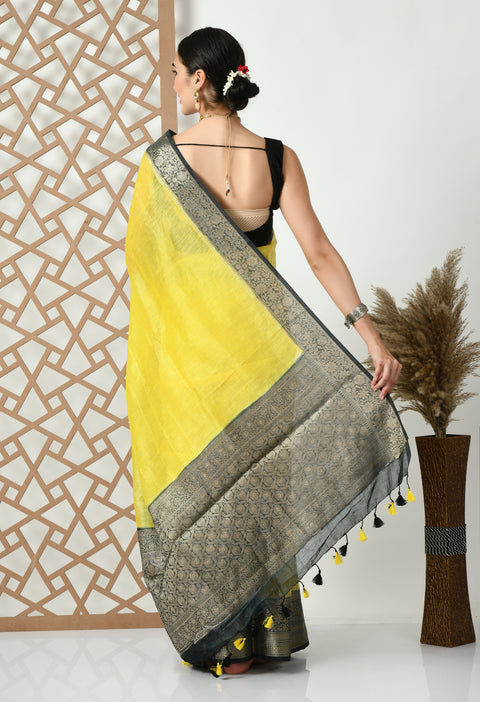 Banarasi Yellow Weaving Silk by Linen Dual Dyed Saree