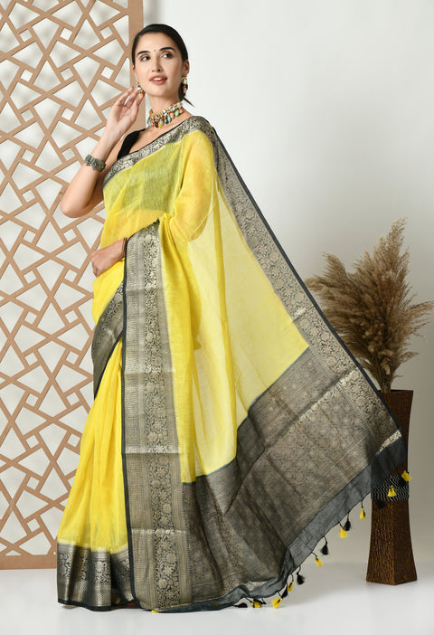 Banarasi Yellow Weaving Silk by Linen Dual Dyed Saree