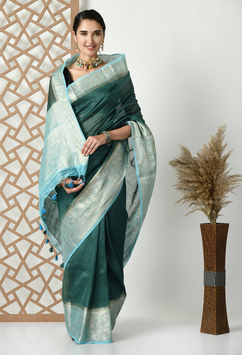 Banarasi Dark Green Weaving Silk by Linen Dual Dyed Saree