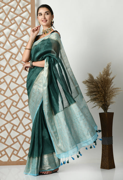 Banarasi Dark Green Weaving Silk by Linen Dual Dyed Saree