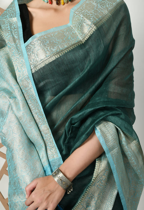 Banarasi Dark Green Weaving Silk by Linen Dual Dyed Saree