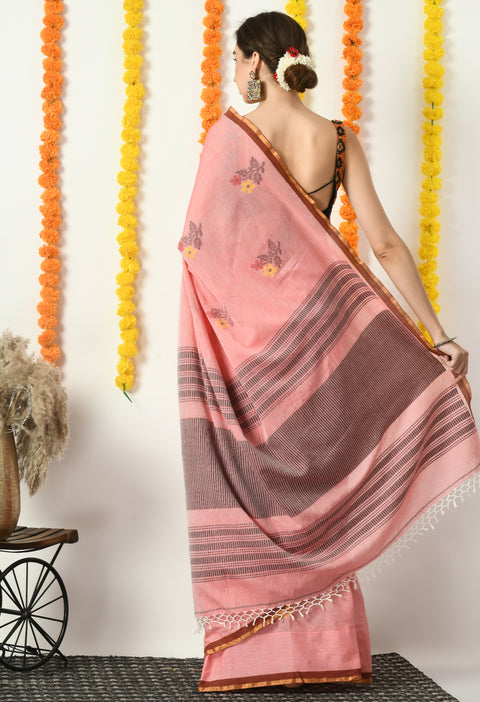 Peach Pink Cotton Handwoven Jamdani Saree