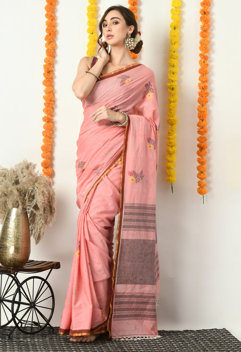 Peach Pink Cotton Handwoven Jamdani Saree