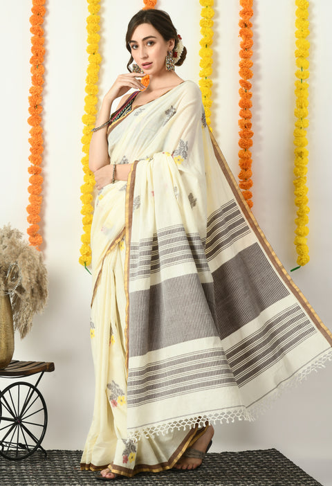 White Cream Cotton Handwoven Jamdani Saree