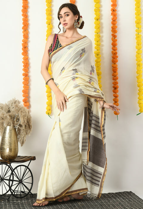 White Cream Cotton Handwoven Jamdani Saree