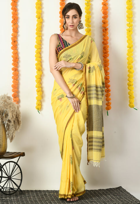 Yellow Cotton Handwoven Jamdani Saree