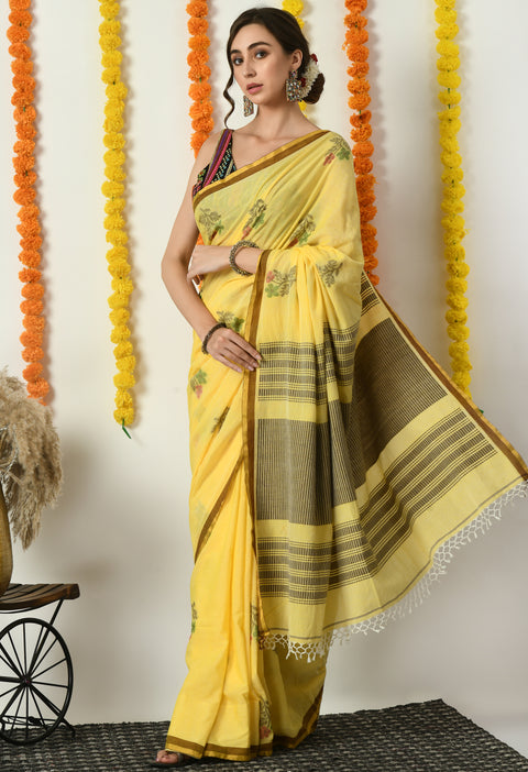 Yellow Cotton Handwoven Jamdani Saree