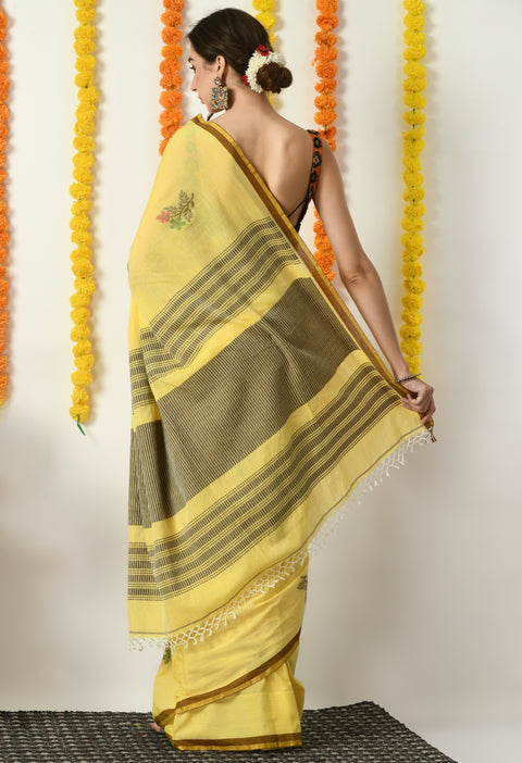 Yellow Cotton Handwoven Jamdani Saree