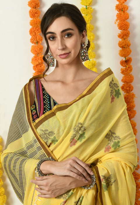 Yellow Cotton Handwoven Jamdani Saree