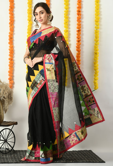Ajrakh Mix & Match Patch Work Kota Saree Black