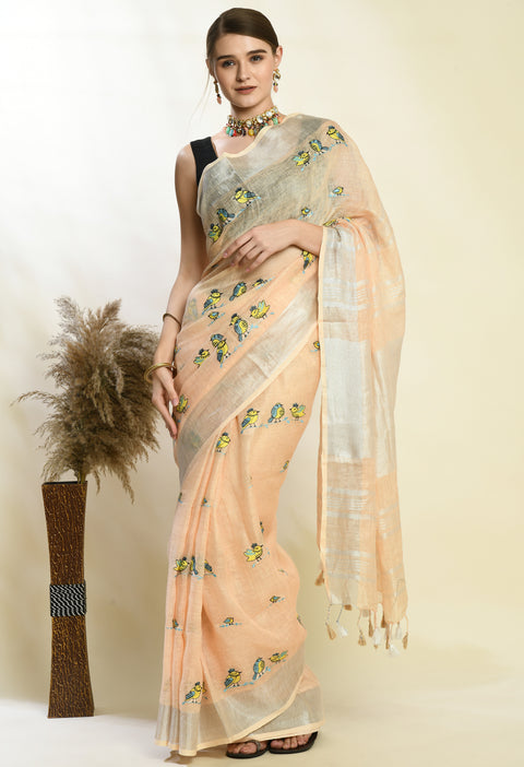 Coral Peach Pure Linen Handwoven Saree with Cute Bird Digital Embroidery
