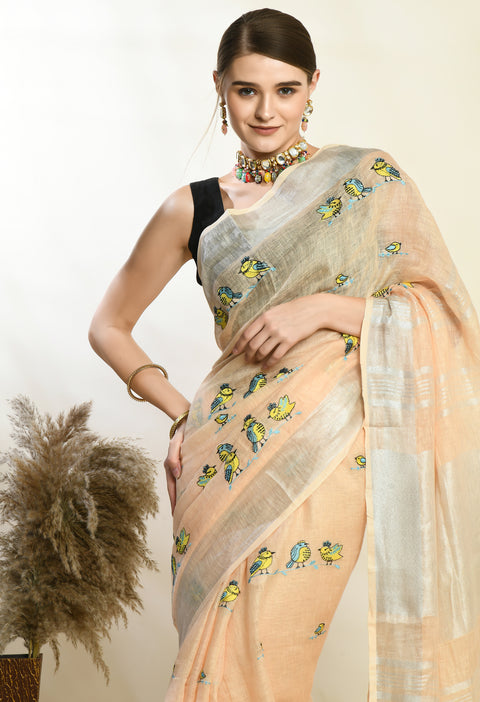 Coral Peach Pure Linen Handwoven Saree with Cute Bird Digital Embroidery