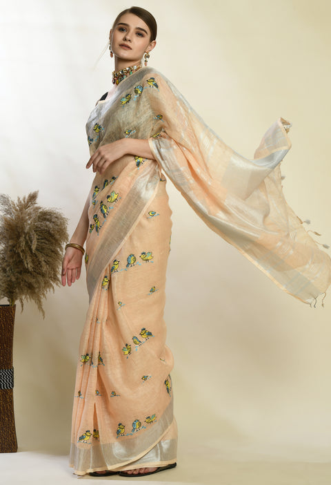 Coral Peach Pure Linen Handwoven Saree with Cute Bird Digital Embroidery