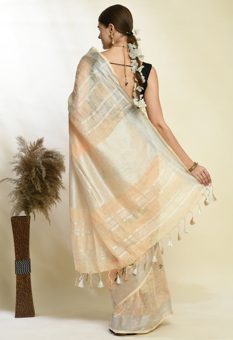 Coral Peach Pure Linen Handwoven Saree with Cute Bird Digital Embroidery