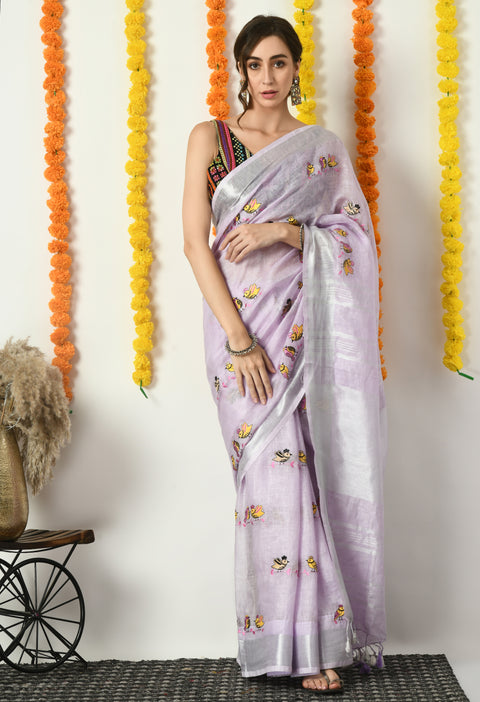 Lavender Pure Linen Handwoven Saree with Cute Bird Digital Embroidery