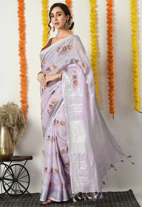 Lavender Pure Linen Handwoven Saree with Cute Bird Digital Embroidery
