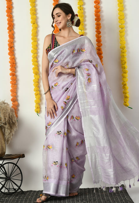 Lavender Pure Linen Handwoven Saree with Cute Bird Digital Embroidery