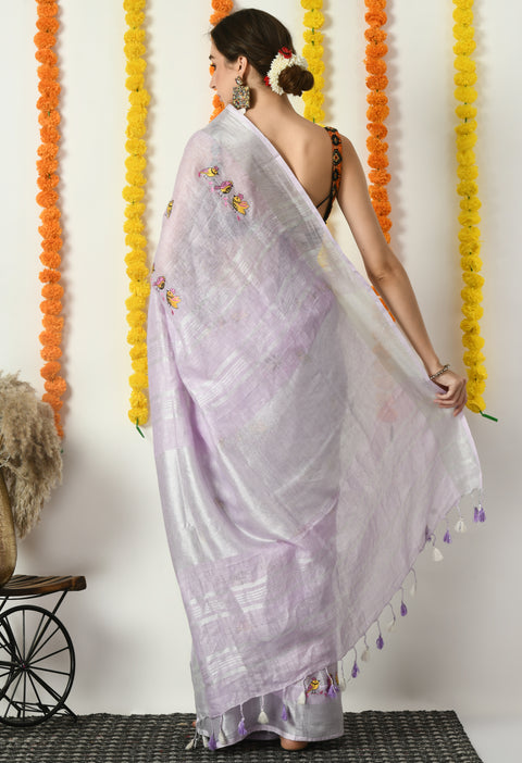 Lavender Pure Linen Handwoven Saree with Cute Bird Digital Embroidery