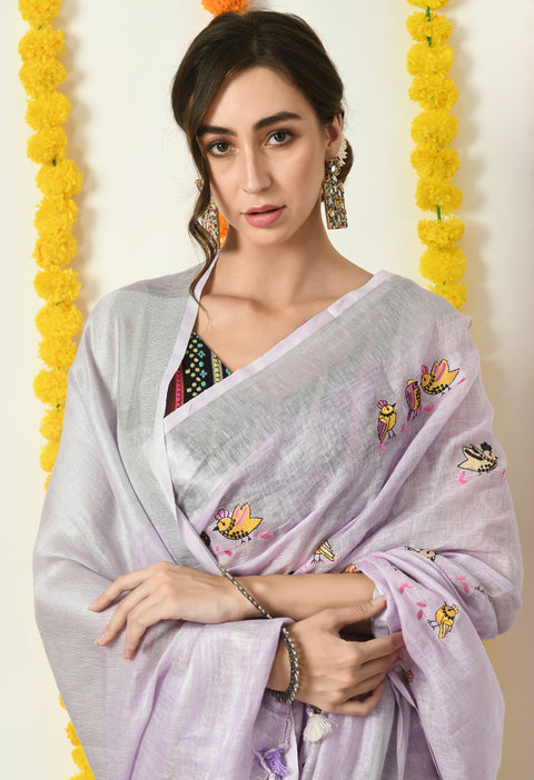 Lavender Pure Linen Handwoven Saree with Cute Bird Digital Embroidery