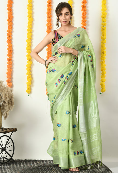 Light Green Pure Linen Handwoven Saree with Cute Bird Digital Embroidery