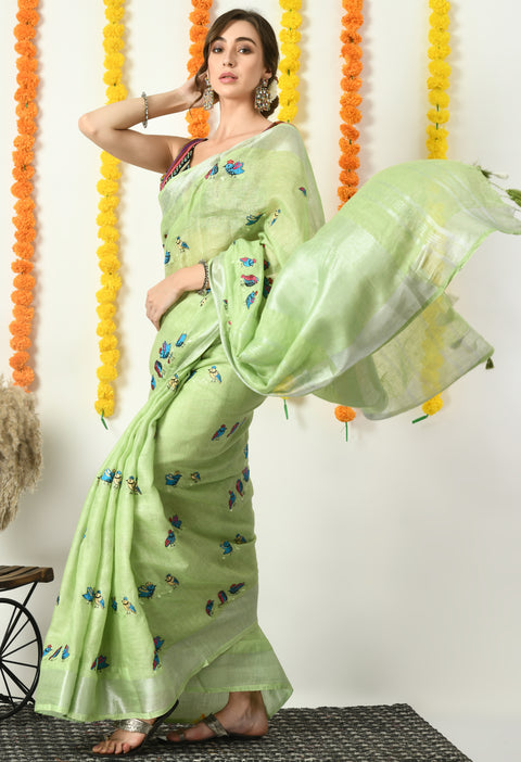 Light Green Pure Linen Handwoven Saree with Cute Bird Digital Embroidery