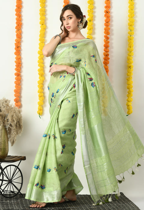 Light Green Pure Linen Handwoven Saree with Cute Bird Digital Embroidery